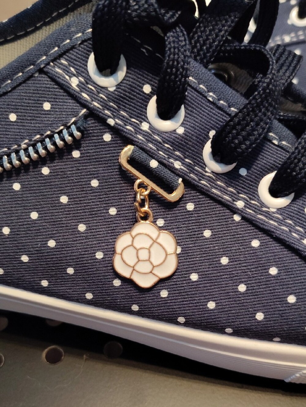 New, Never Worn. Navy Polka Dot Lace-Up Sneakers with Flower Charm - Picture 4 of 5
